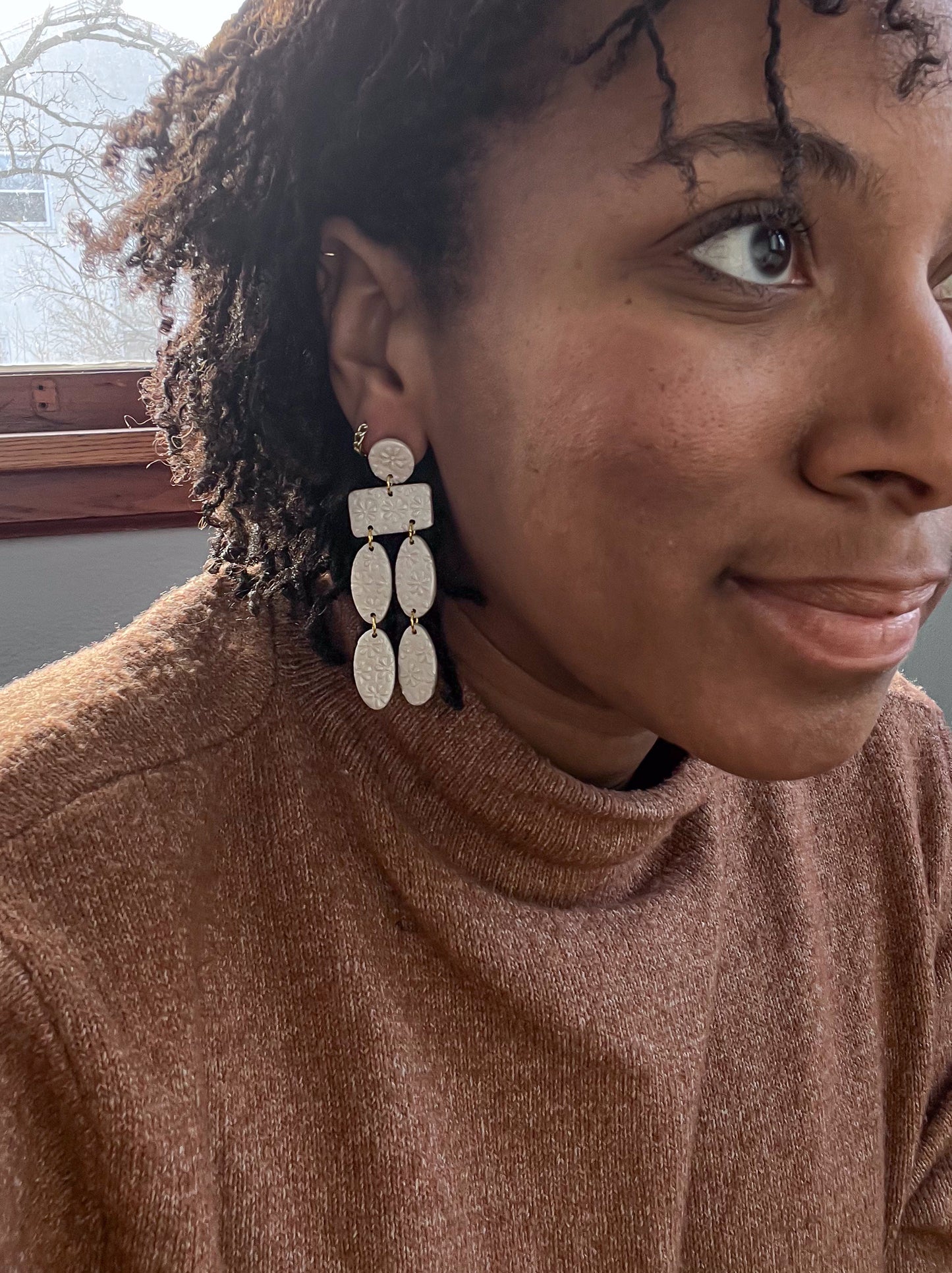 Floral Stamped Christina Dangles - Pearl