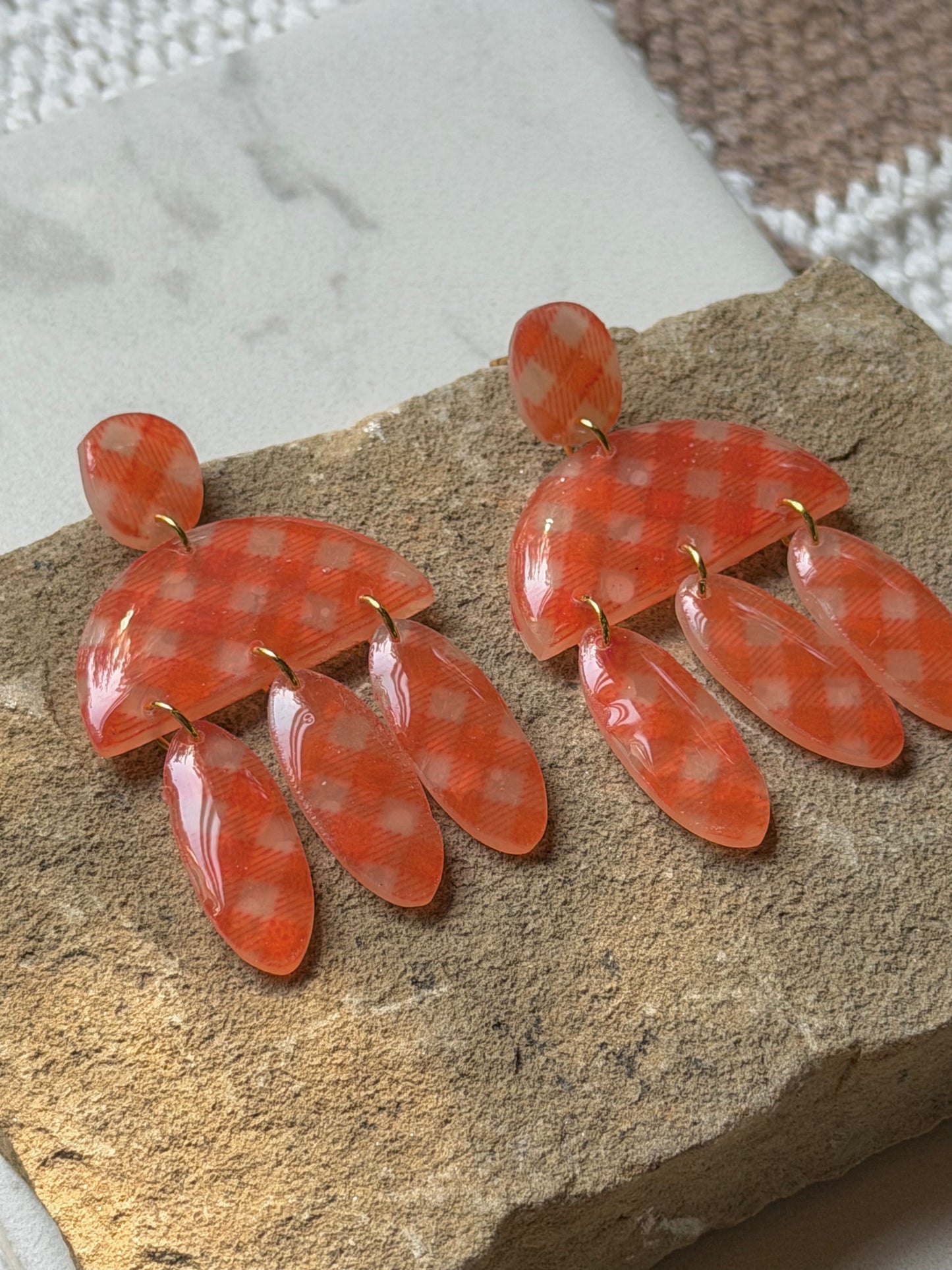 Summer Coral Checkered Teardrop Dangles