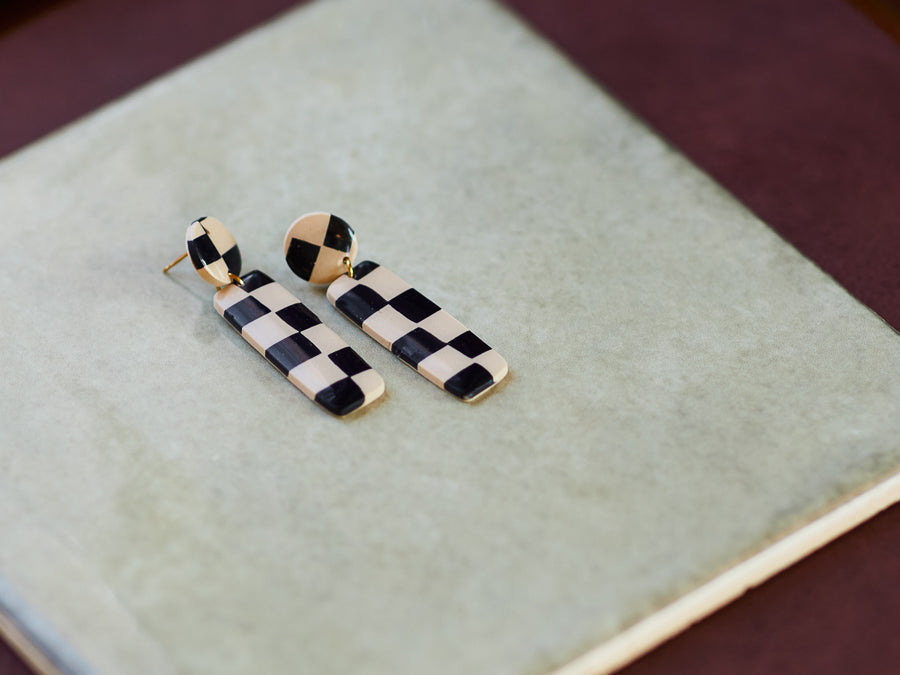 Beige & Black Textured Dangles - 14k Gold Filled Posts