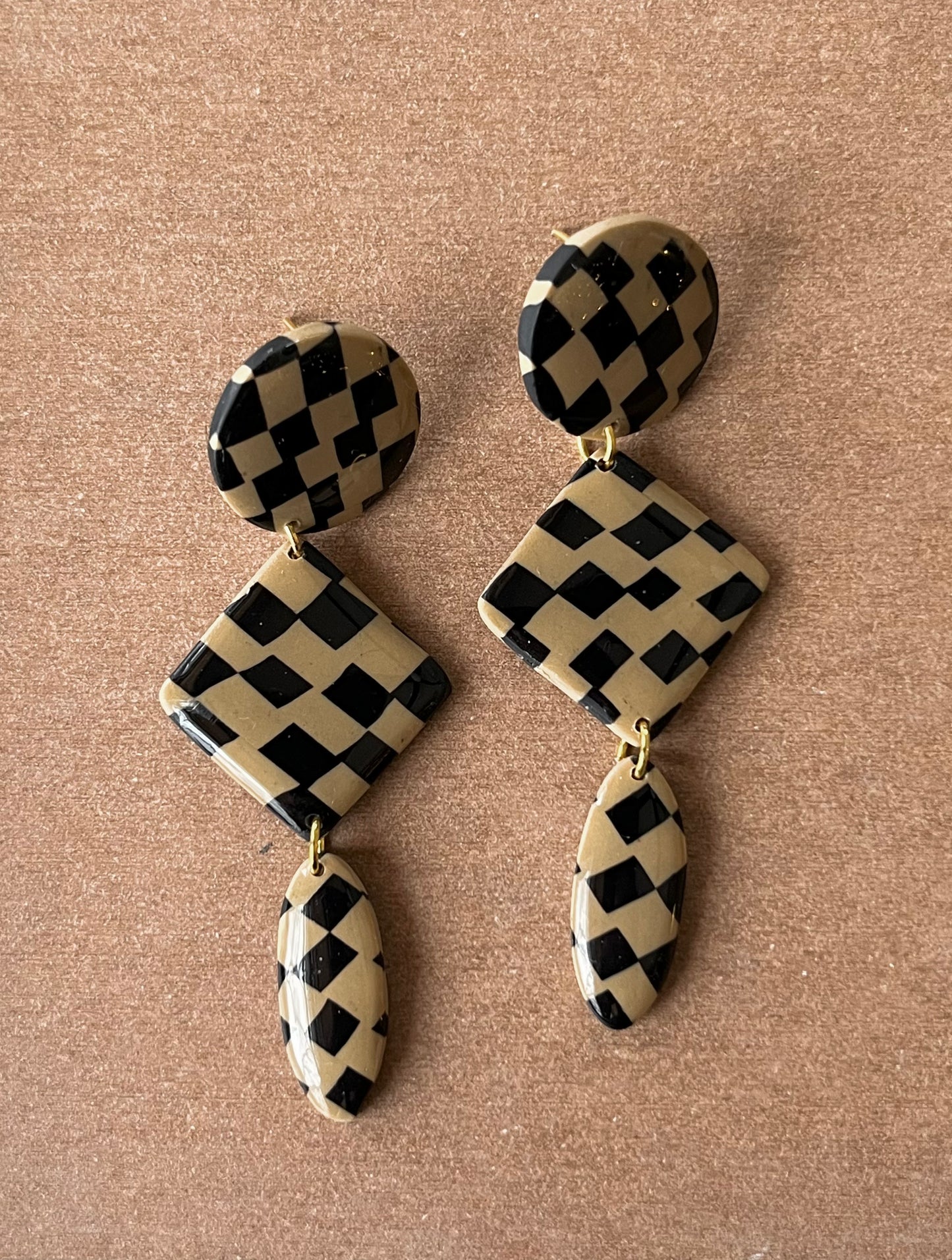 Beige and Black Checkered Tiered Dangles