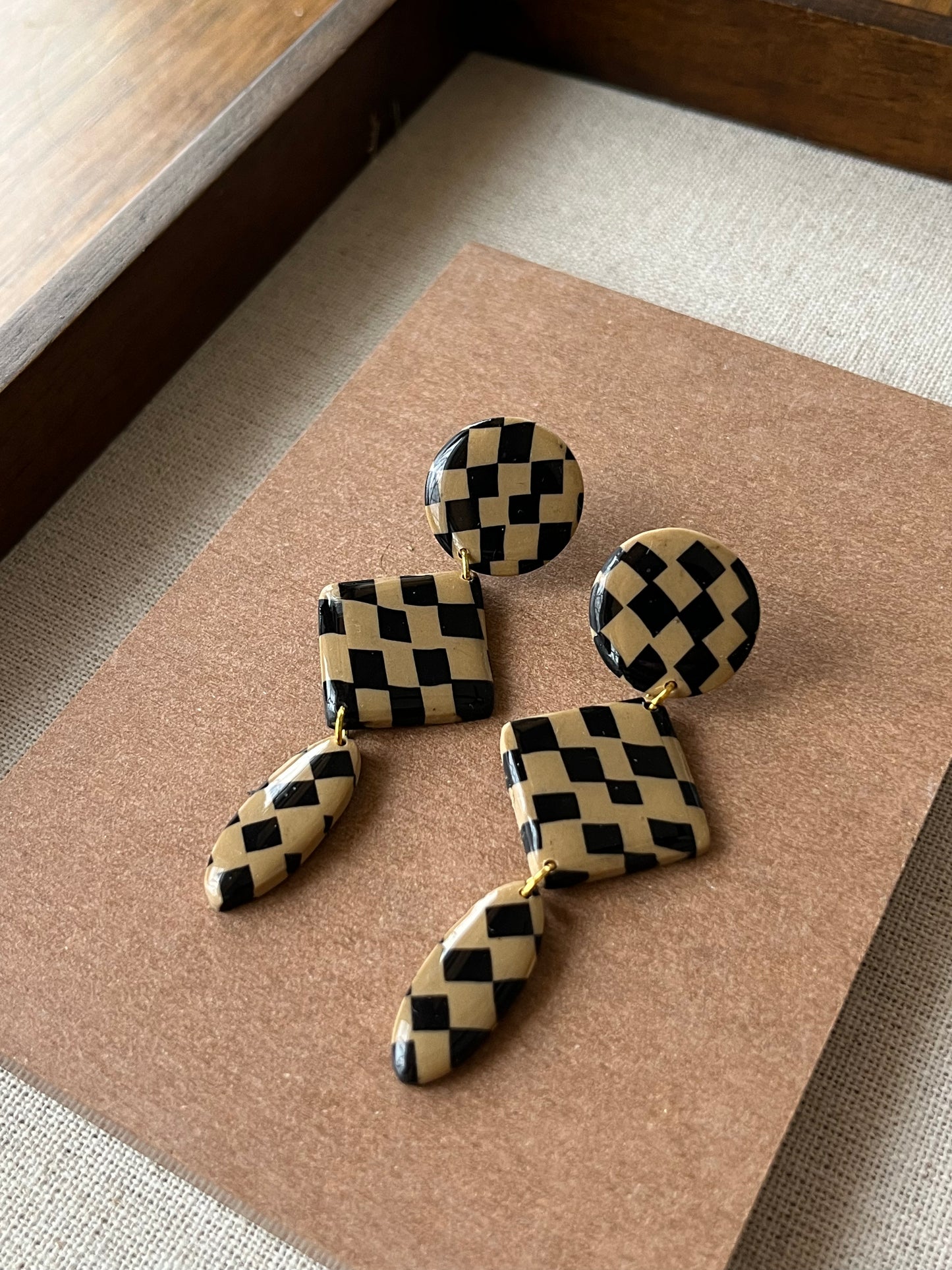 Beige and Black Checkered Tiered Dangles