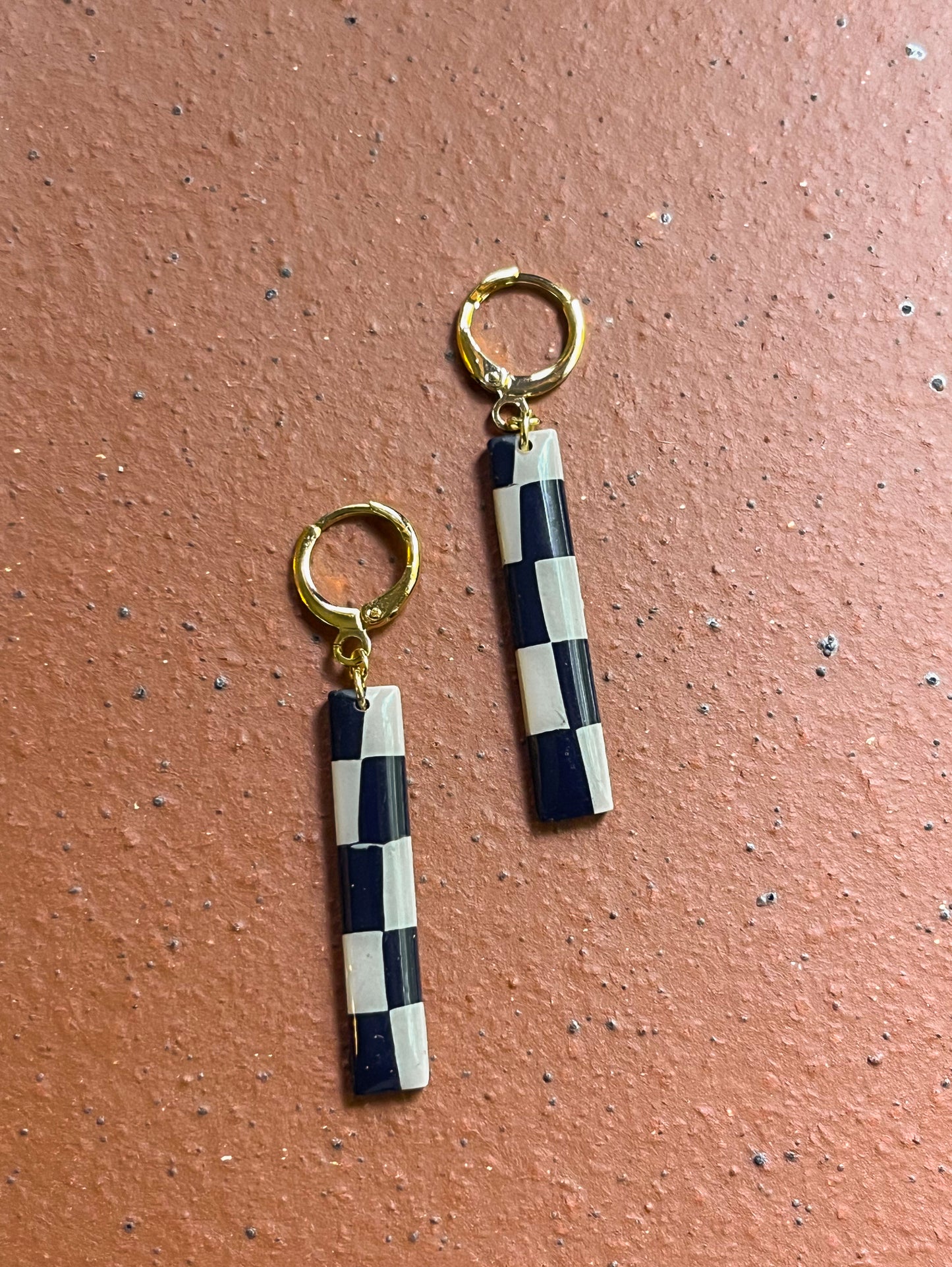 Beige and Black Checkered Huggies - 14K Gold Filled
