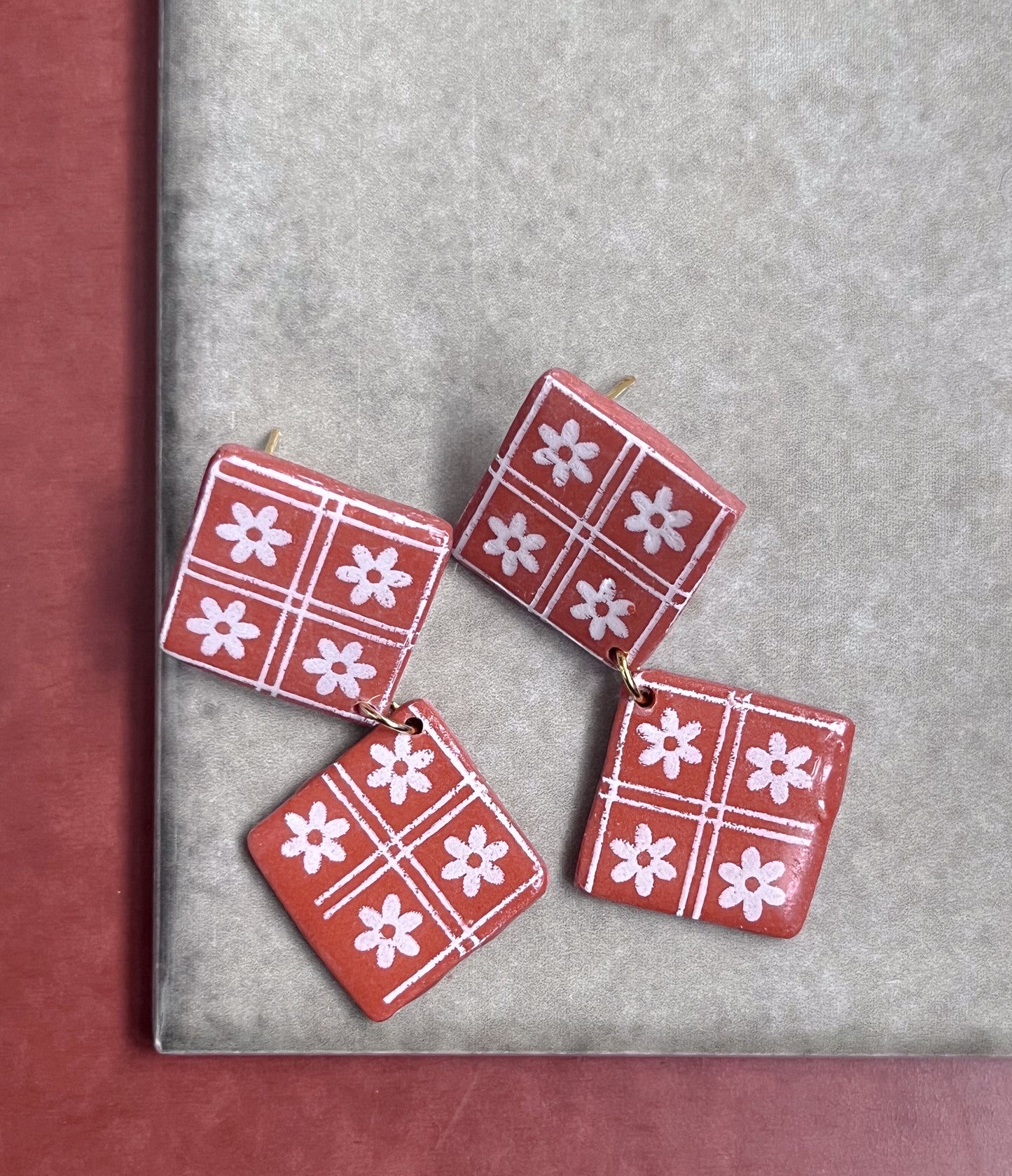 Sale! Diamond Floral Brick Dangles - Terra Cotta $21 (was $23)