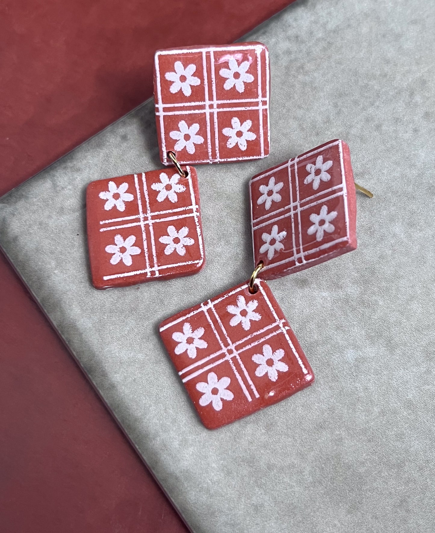 Sale! Diamond Floral Brick Dangles - Terra Cotta $21 (was $23)