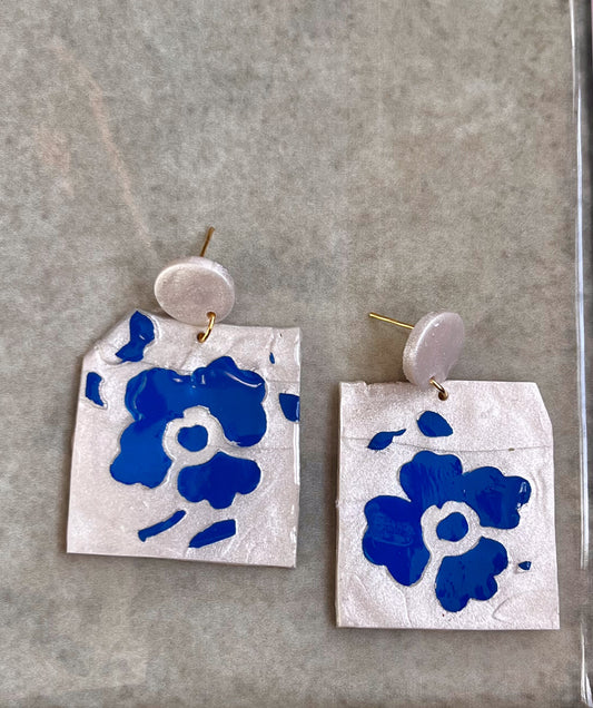 Blue on Pearl Floral Dangles