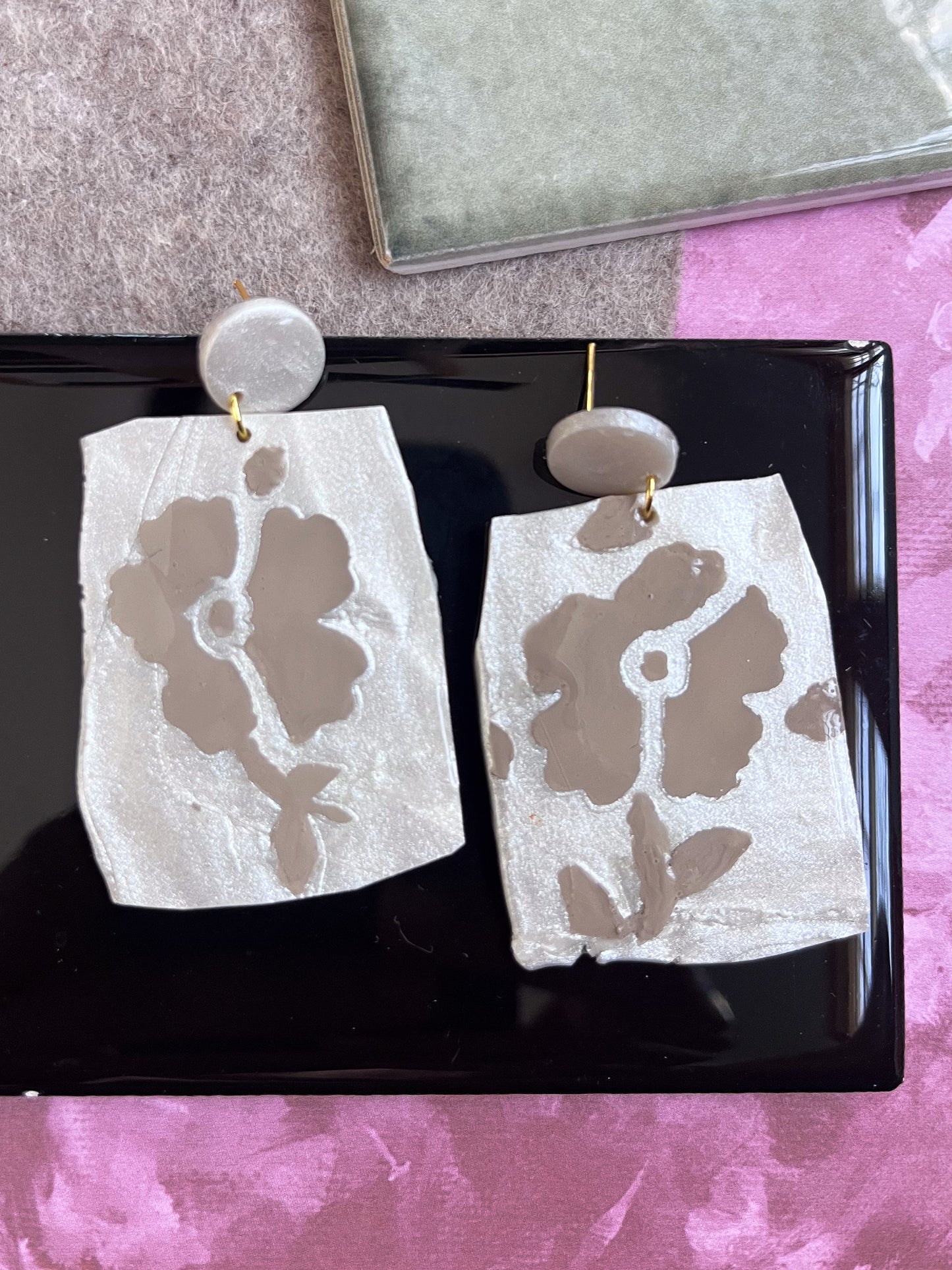 Floral Dangles - Beige on Pearl