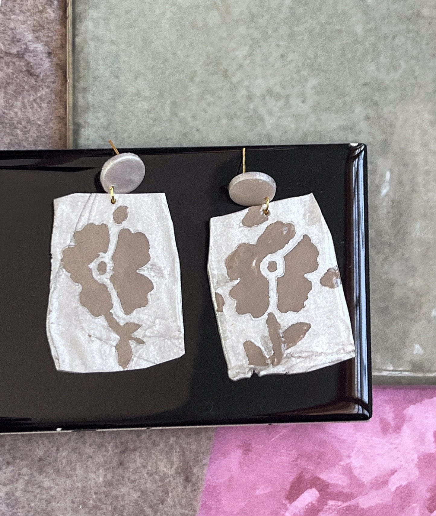 Floral Dangles - Beige on Pearl