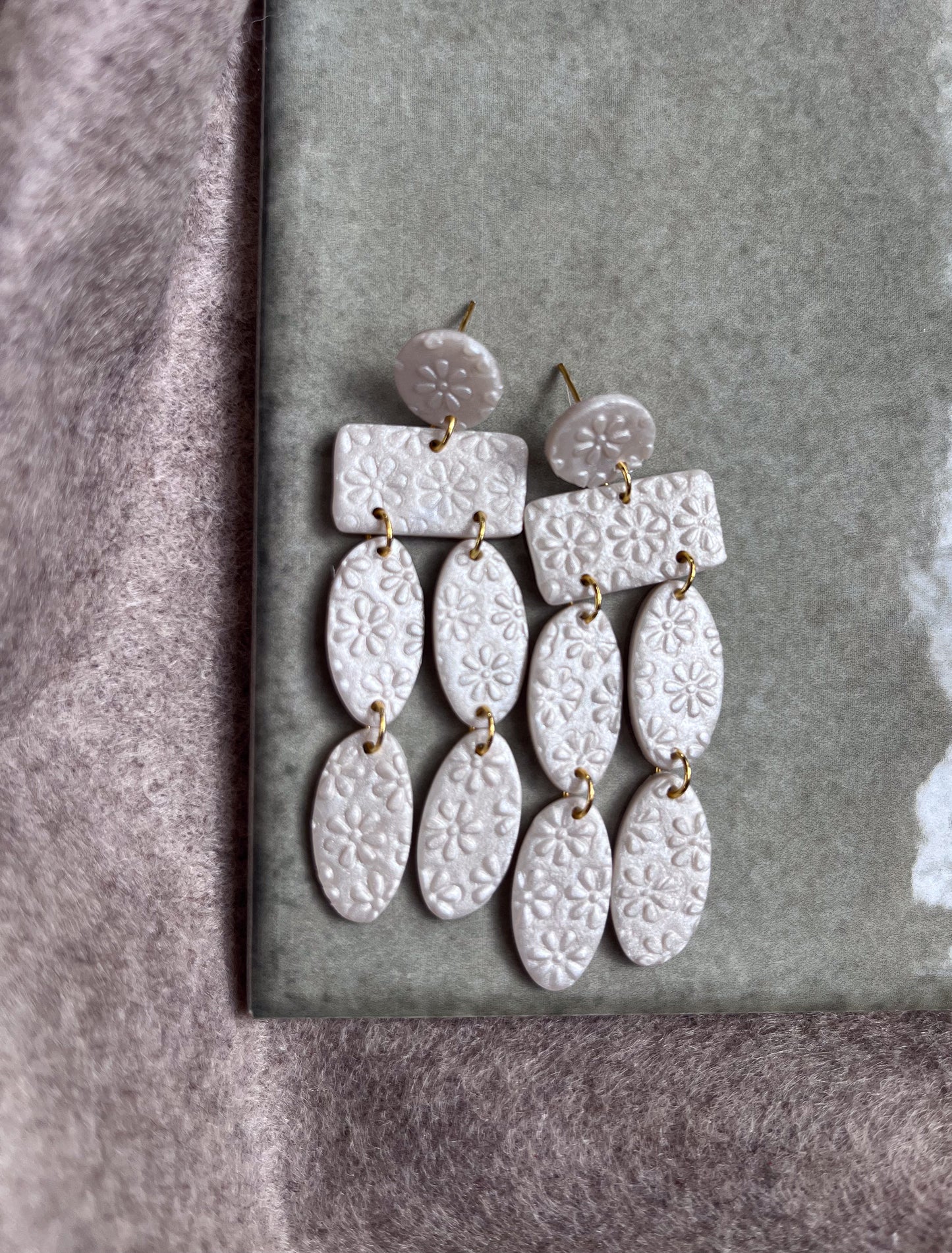 Floral Stamped Christina Dangles - Pearl