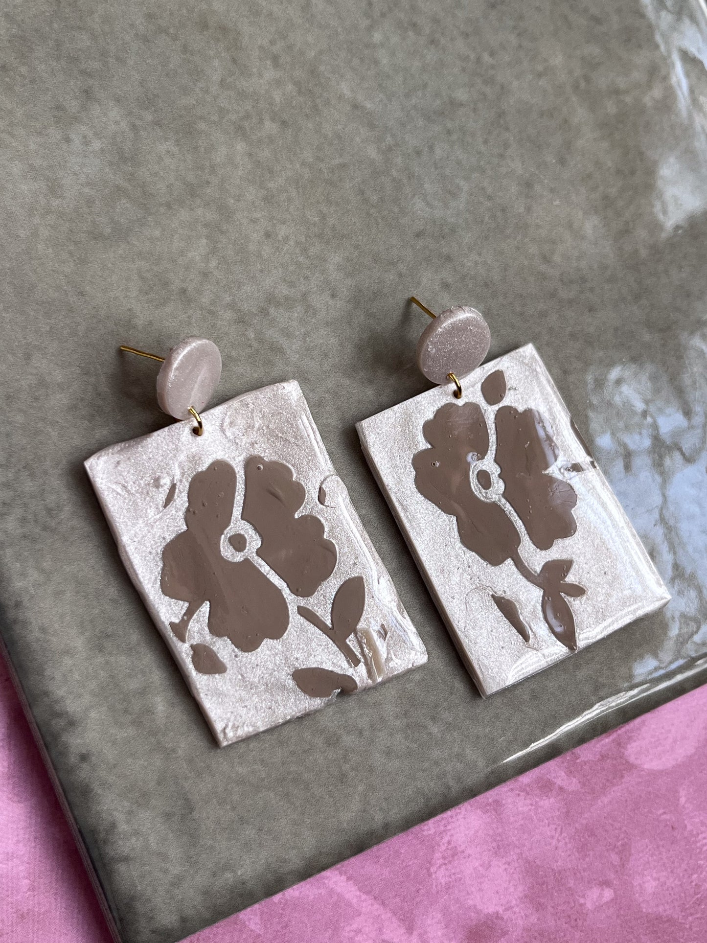 Beige on Pearl Classic Floral Dangles