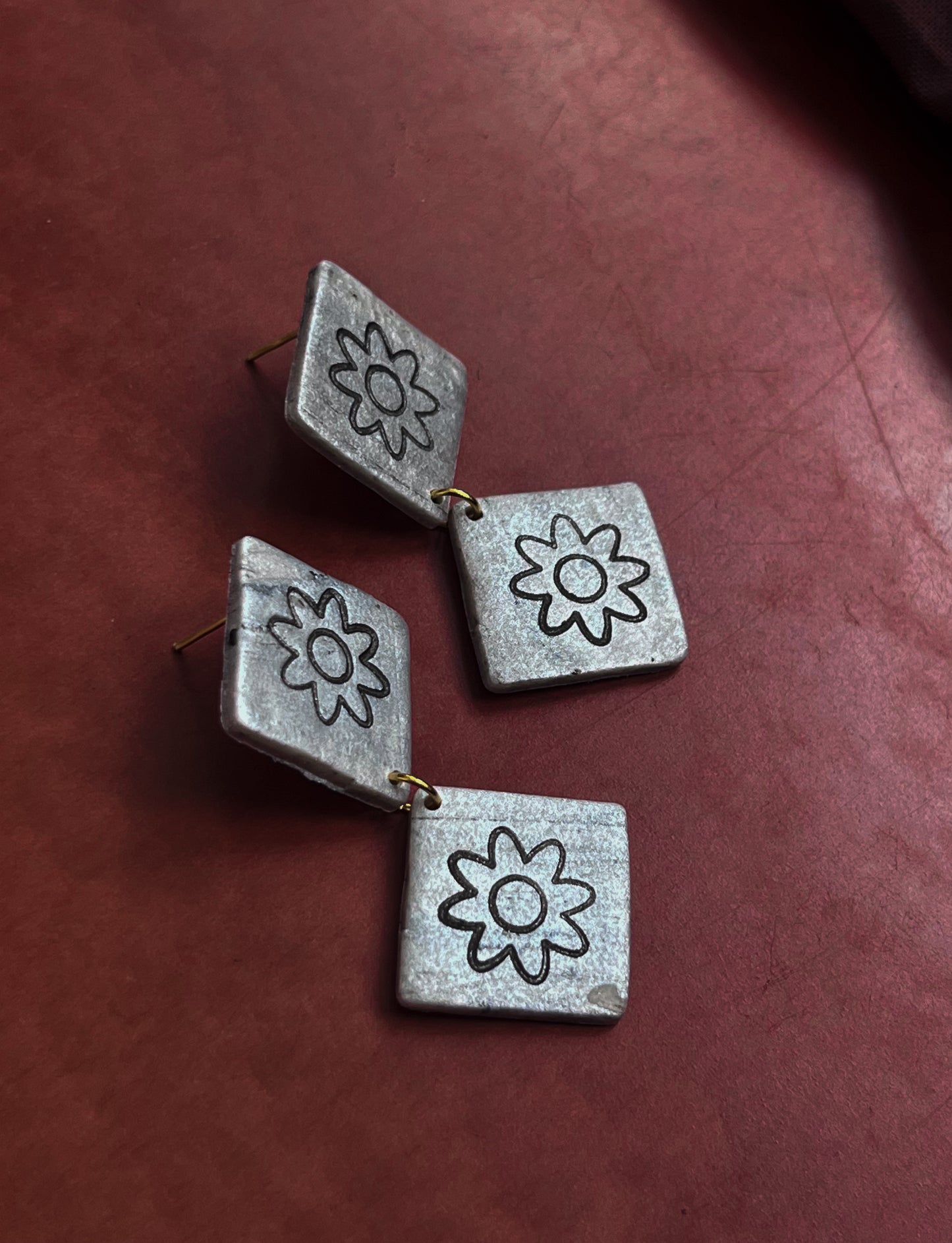 Rustic Gray Diamond Flower Dangles