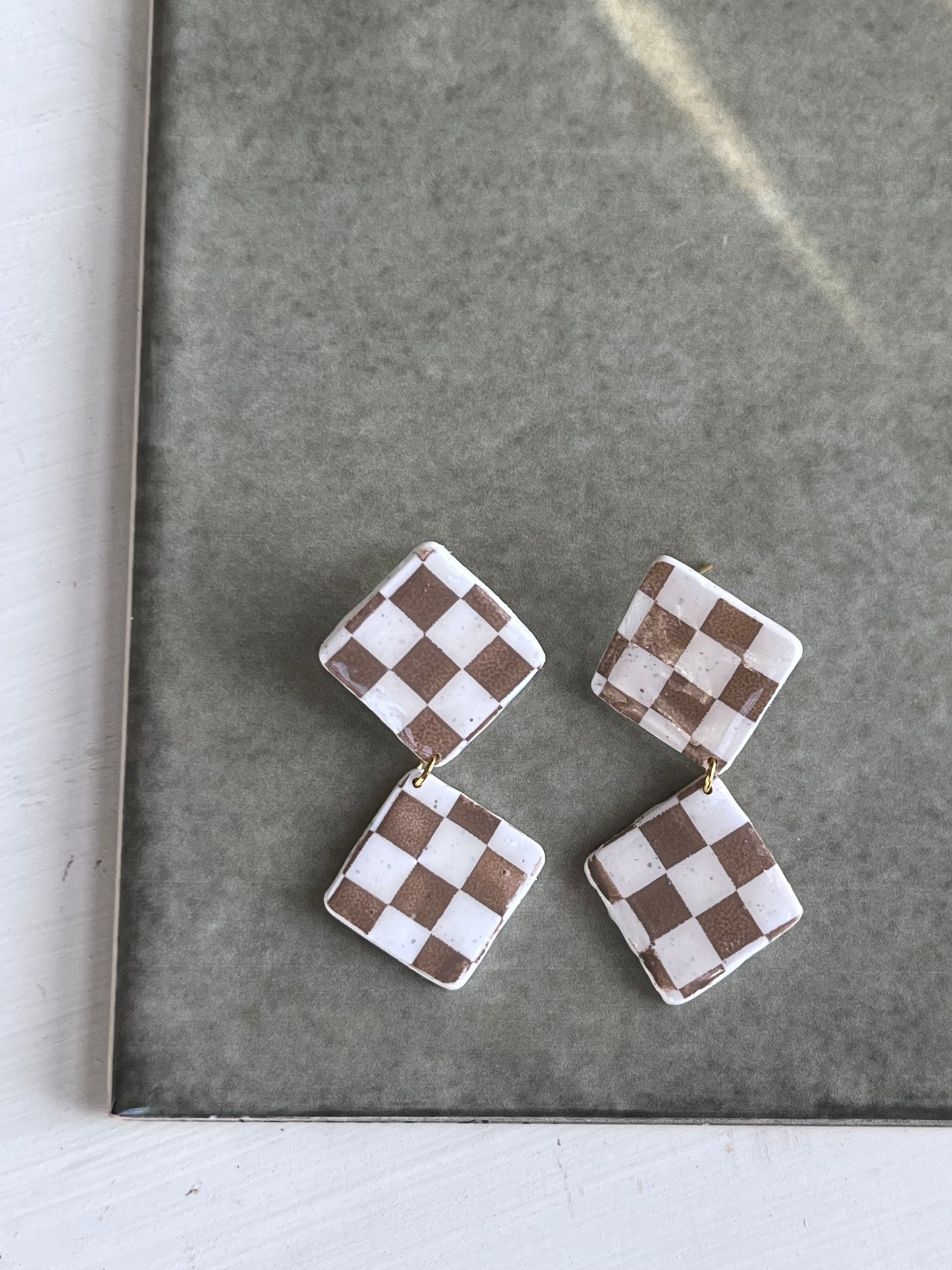 Checkered Diamond Dangles in Tan