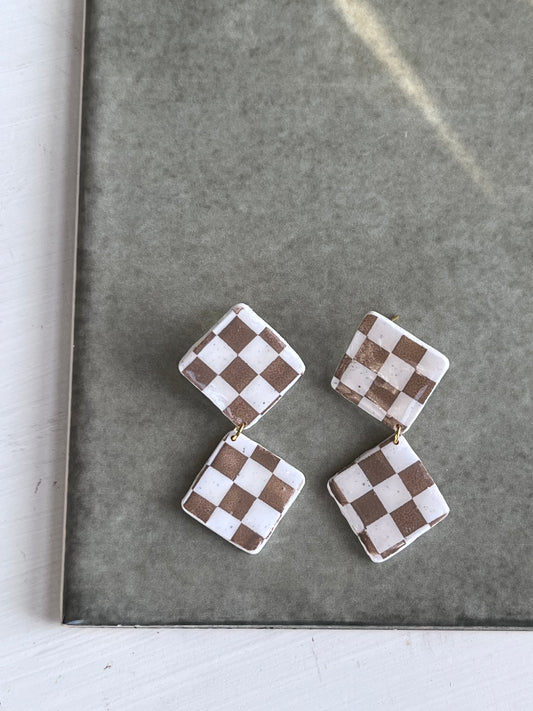 Checkered Diamond Dangles in Tan
