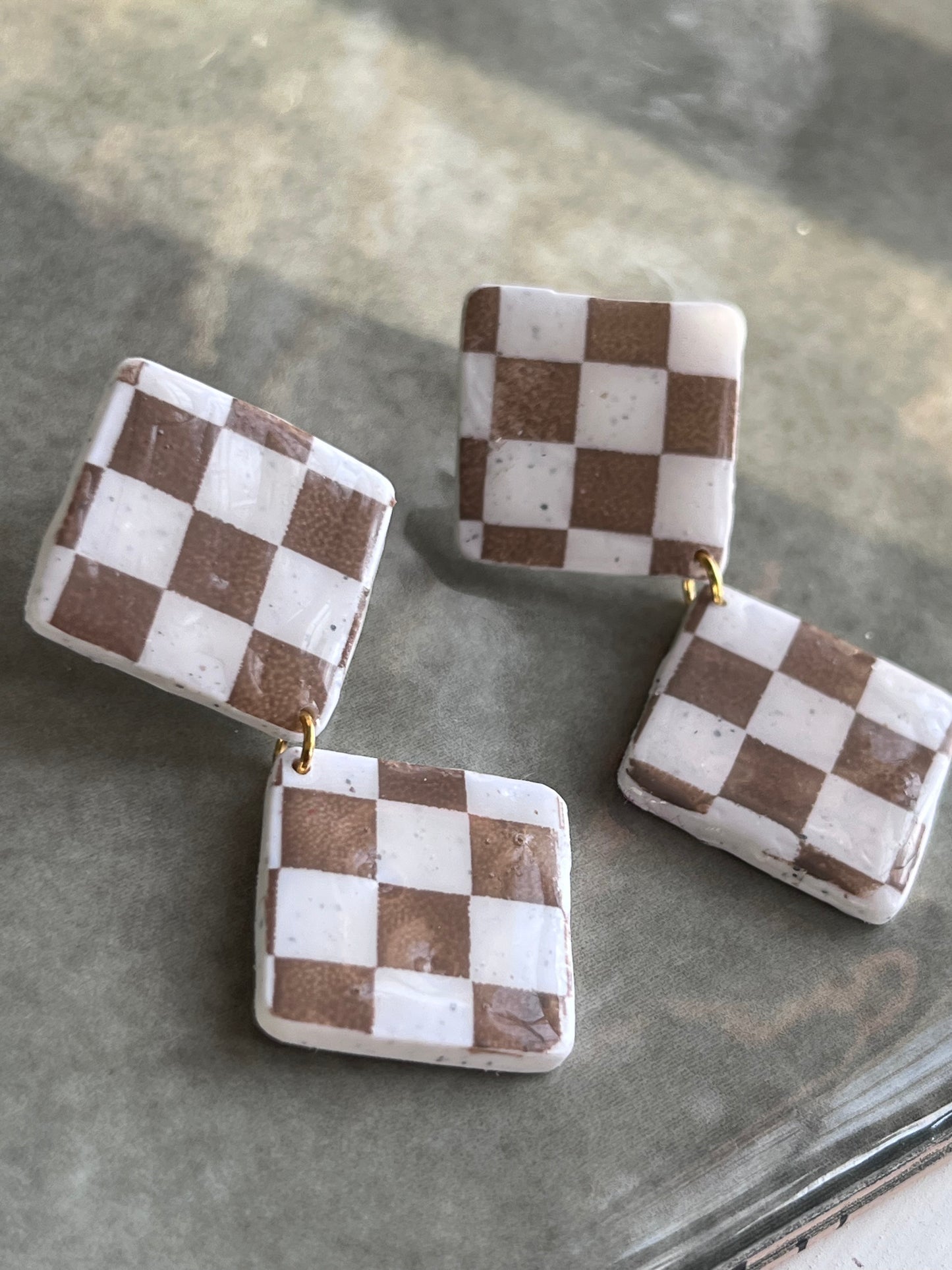 Checkered Diamond Dangles in Tan