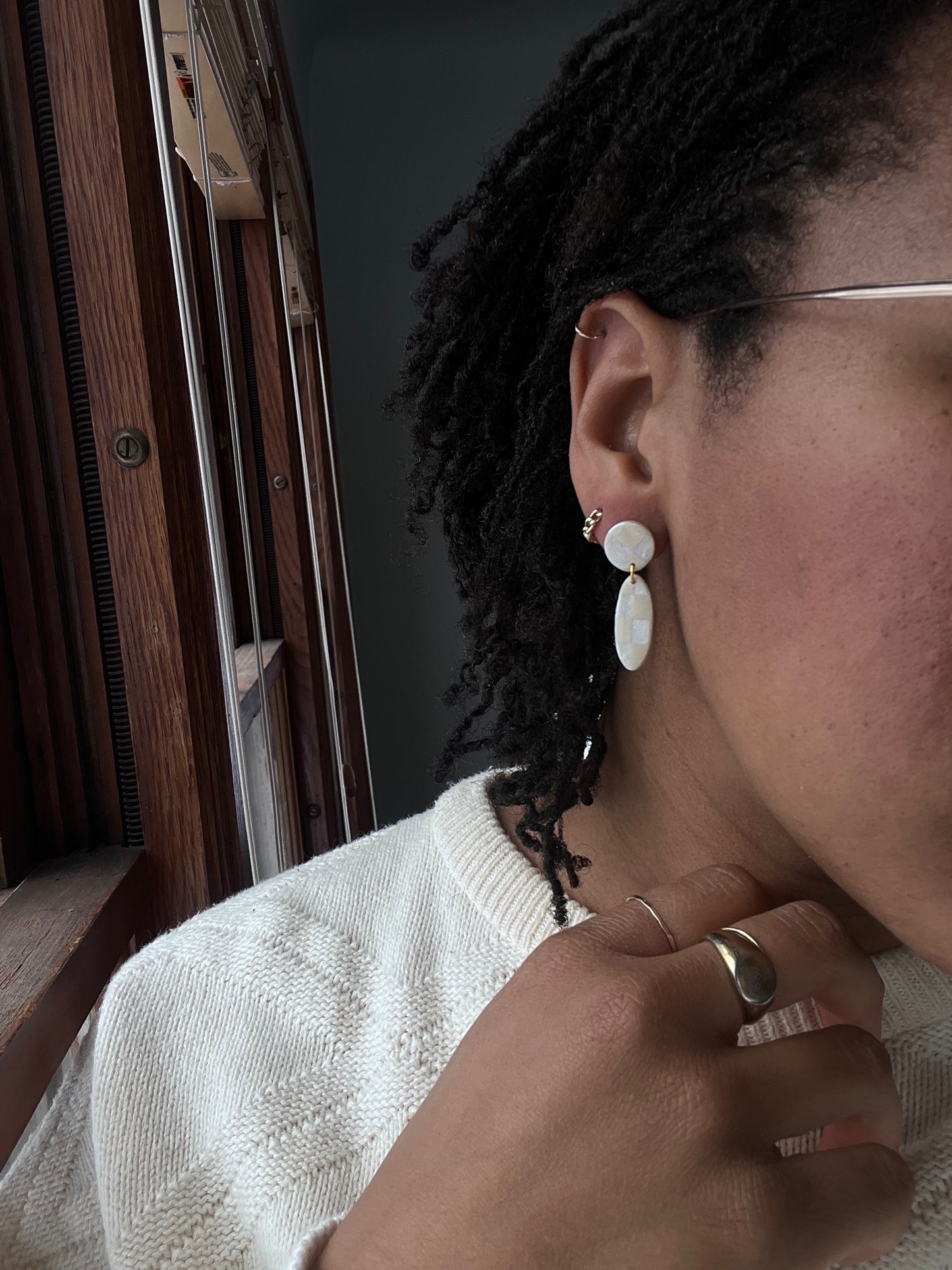 Dainty Checkered Mini Dangles in Cream and Pearl
