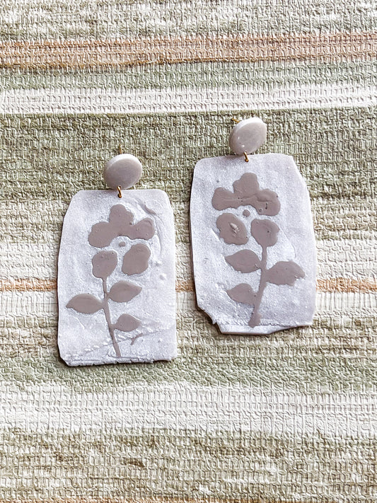 Painted Flower on Pearl Dangles - Beige & Pearl