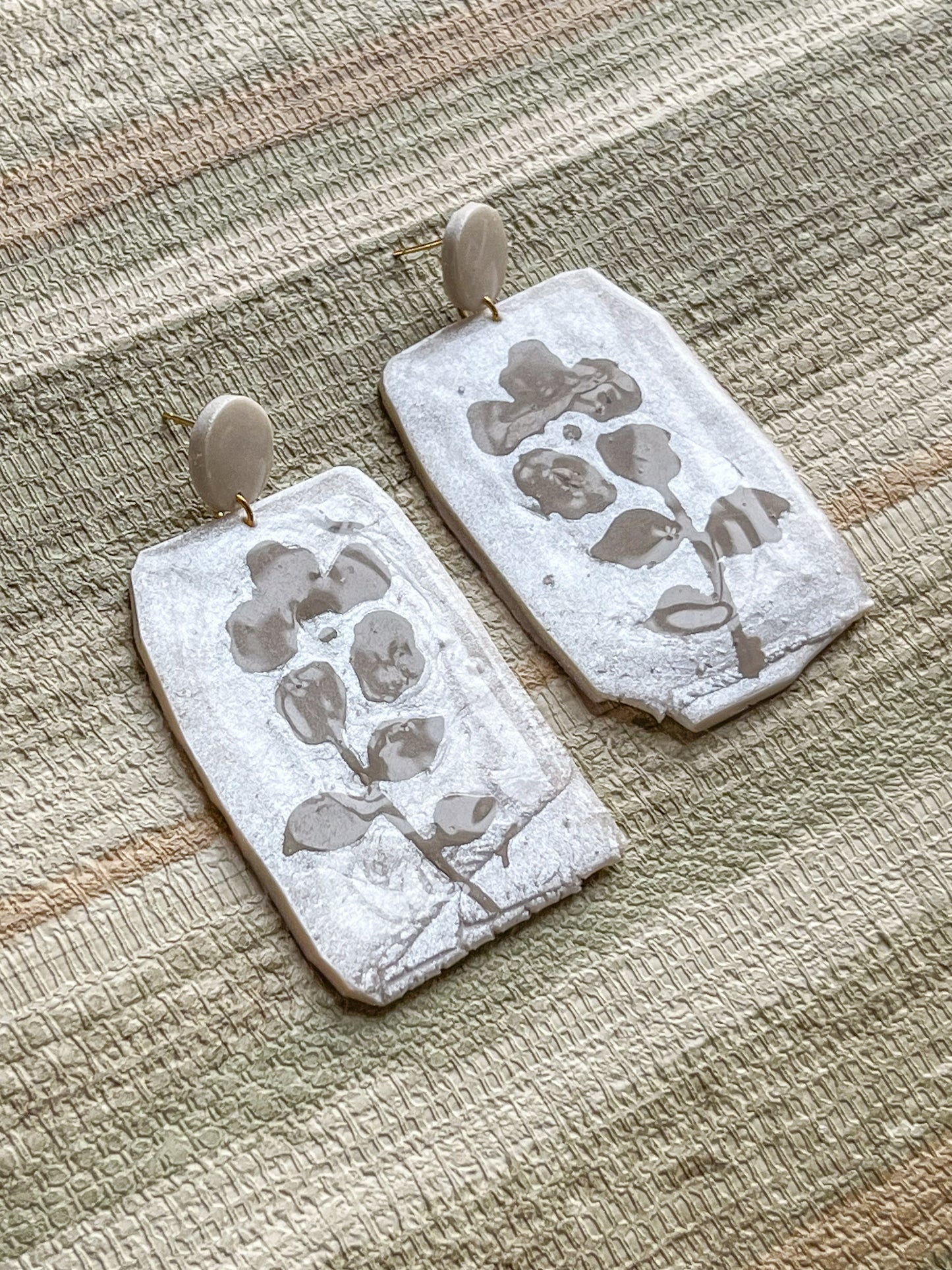 Painted Flower on Pearl Dangles - Beige & Pearl