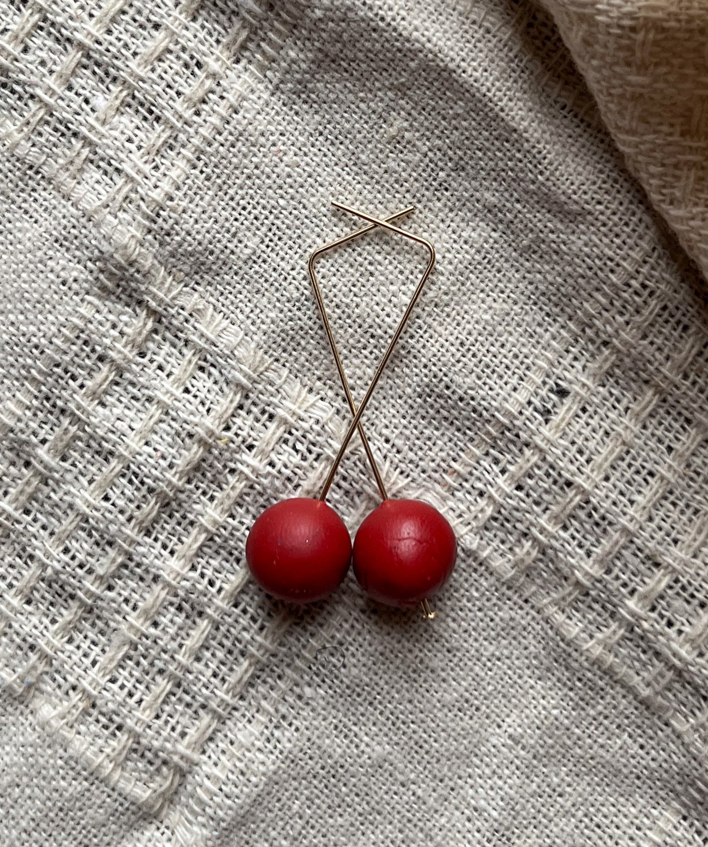 14k Gold Filled ~ Minimal Red Ball Drops ~Size Tall, 2in