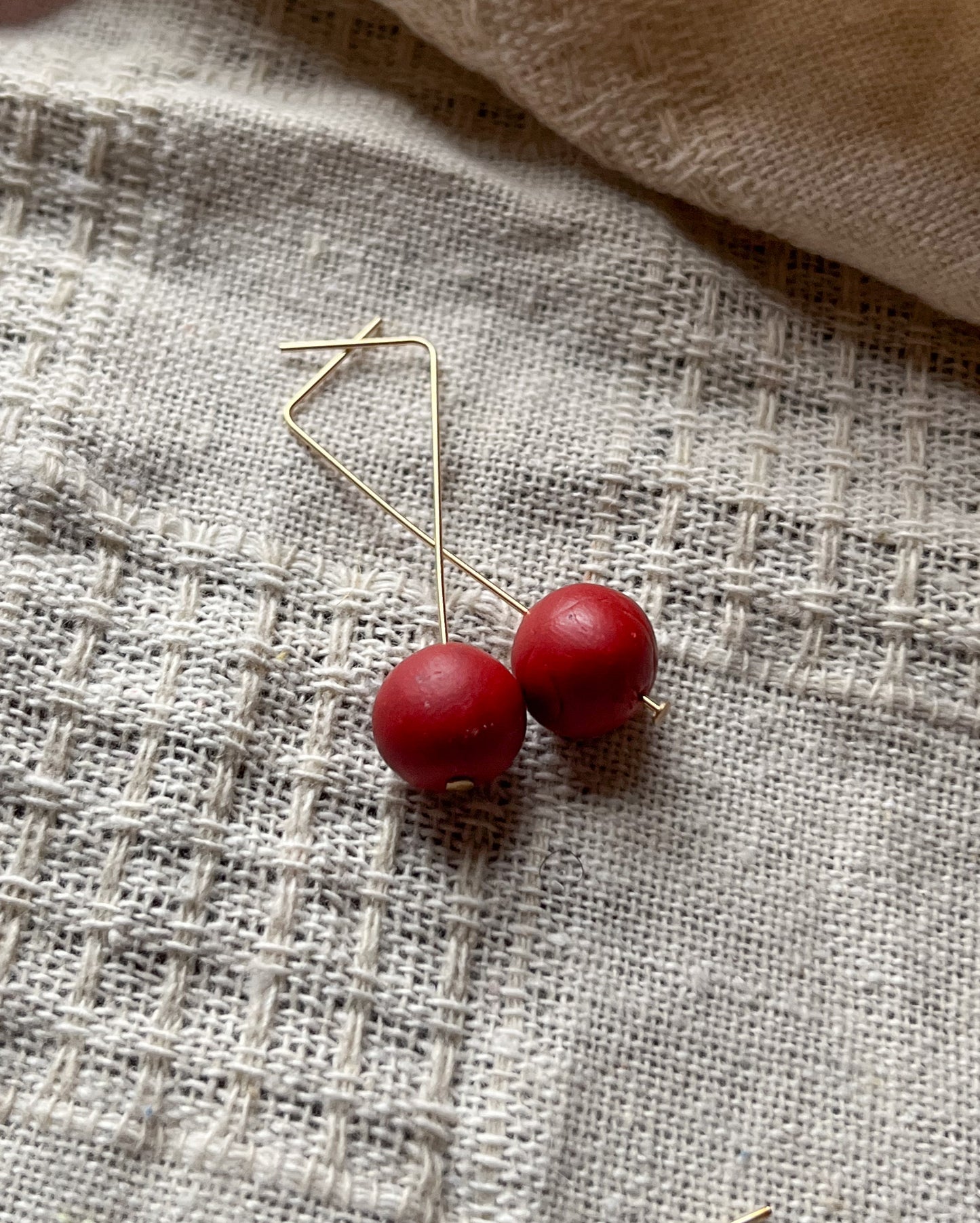14k Gold Filled ~ Minimal Red Ball Drops ~Size Tall, 2in