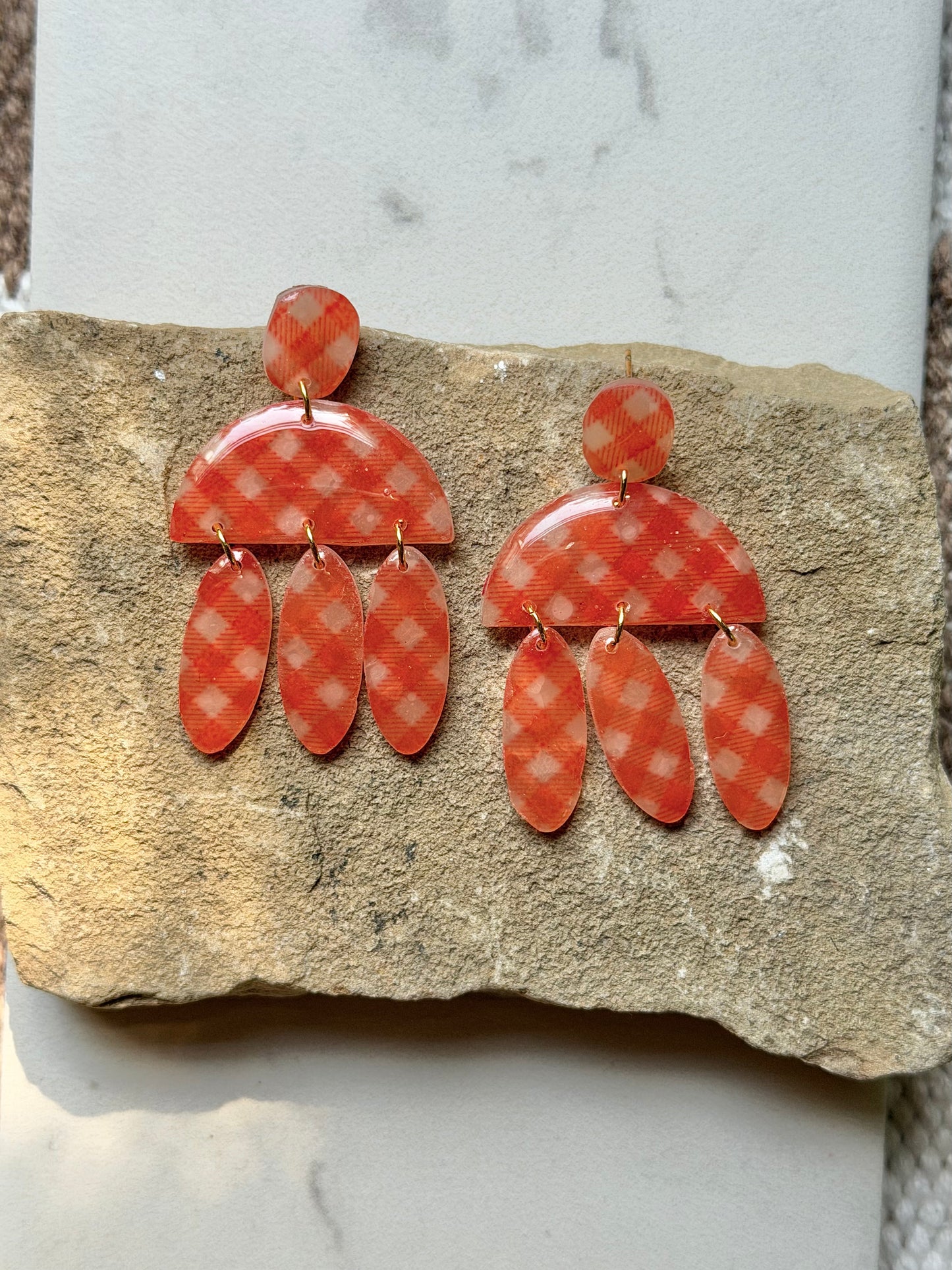 Summer Coral Checkered Teardrop Dangles